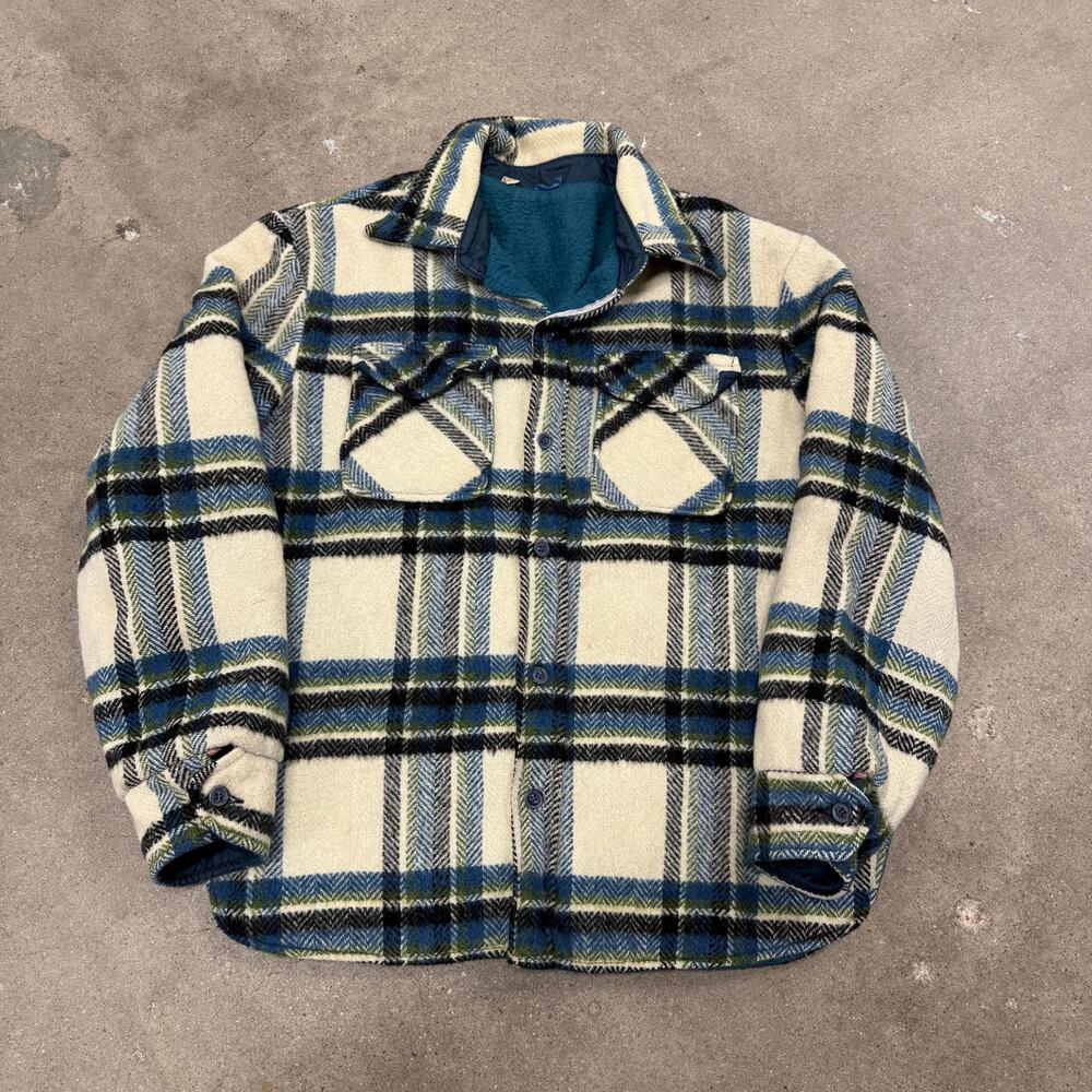 Vintage 70s Wool Blend Flannel Fleece Lined Shacket Plaid Medium Blue